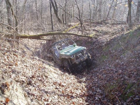 1992 Ford Bronco - An off-road vehicle maneuvers through a challenging, wooded terrain with a fallen tree overhead.