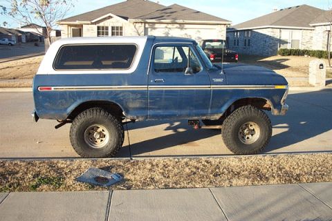 1978 Ford Bronco - This lifted 1978 Ford Bronco is seen from the side under a clear sky.