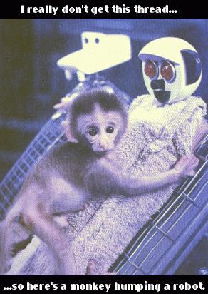 1986 Ford Bronco - A monkey is shown with a robot, accompanied by text about a thread and a reboot.