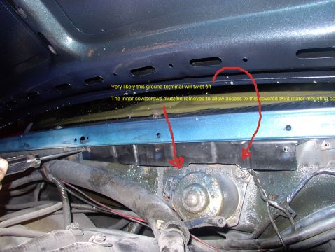 1986 Ford Bronco - This inner cowl needs the front screws removed to allow you to lift the inner cowl high enough to get access to the third motor mounting bo…