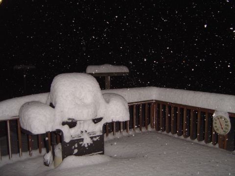 1978 Ford Bronco - A grill is buried in snow on a deck as snow falls, with a thermometer indicating freezing temperatures.