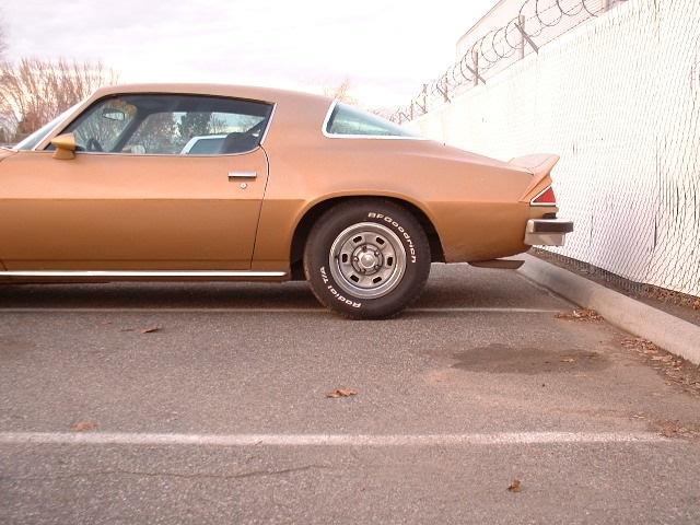 Gold coupe in profile with BFGoodrich Radial T/A tires parked by a chain-link fence.
