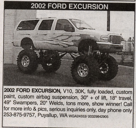 1981 Ford Bronco - This lifted SUV, identified as a 2002 Ford Excursion, is heavily modified with custom paint and suspension.