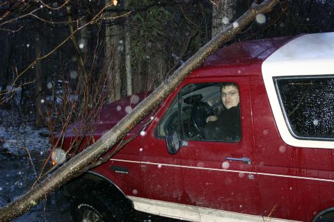 2003 Jeep TJ - A person sits in a red SUV partially obscured by a fallen tree branch in a wooded area.