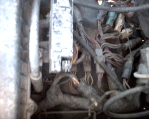 1990 Ford Bronco - Close-up view of a vehicle's engine bay, showing a complex wiring harness and electrical components.