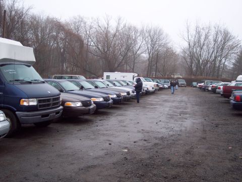 1991 Ford LTD Crown Victoria - A parking lot filled with Ford Crown Victoria LTDs and a blue van under an overcast sky.