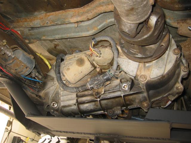 Transfer case and driveshaft assembly, underside view