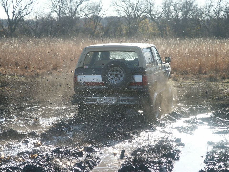 Rear view of dark Ford Bronco with white top slinging mud through a bog, tailgate spare tire