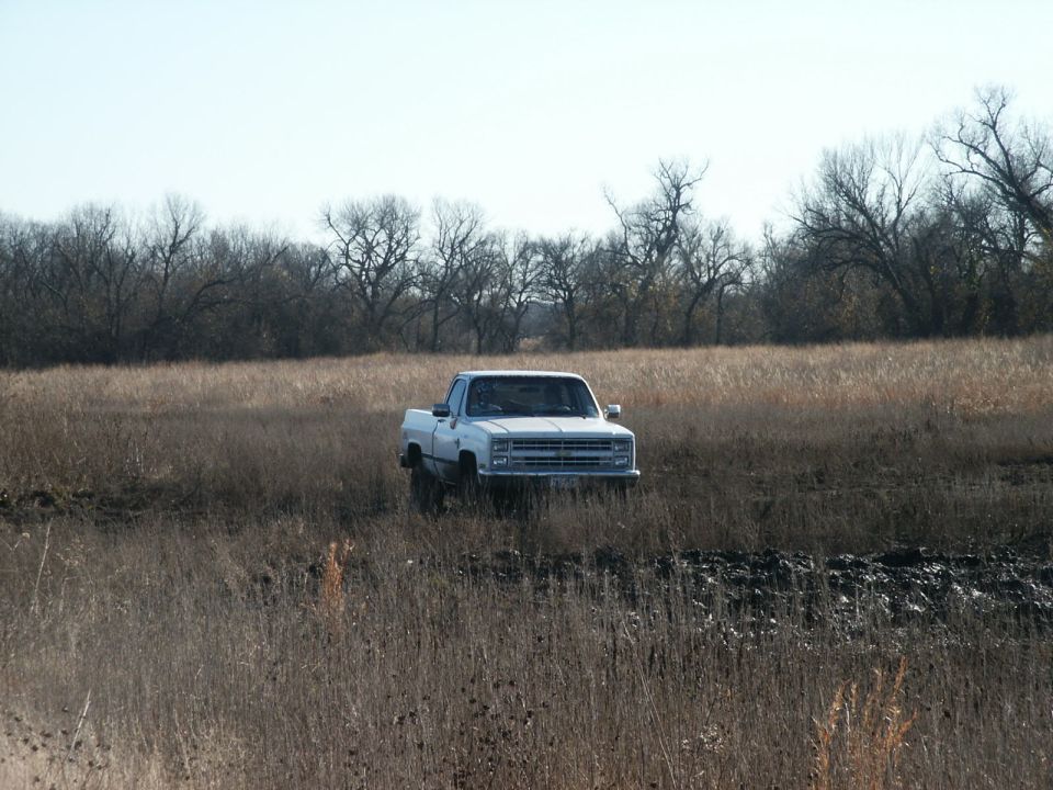 White pickup truck front view in a field