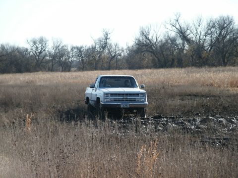 1991 Ford Bronco - White Chevrolet C/K pickup truck navigates a muddy, overgrown field.