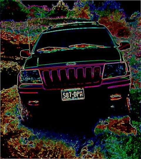 1991 Ford Bronco - Digitally filtered 'neon glow' edit of a front view of a Jeep Grand Cherokee on a dirt trail, with the seven-slot grille, Jeep hood badge,…