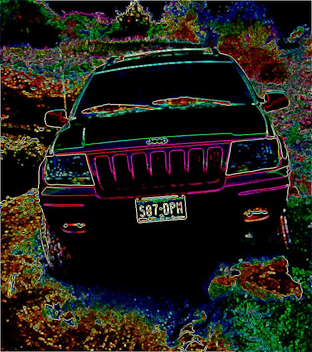 Neon-glow filtered front view of a Jeep Grand Cherokee with plate S87-DPM