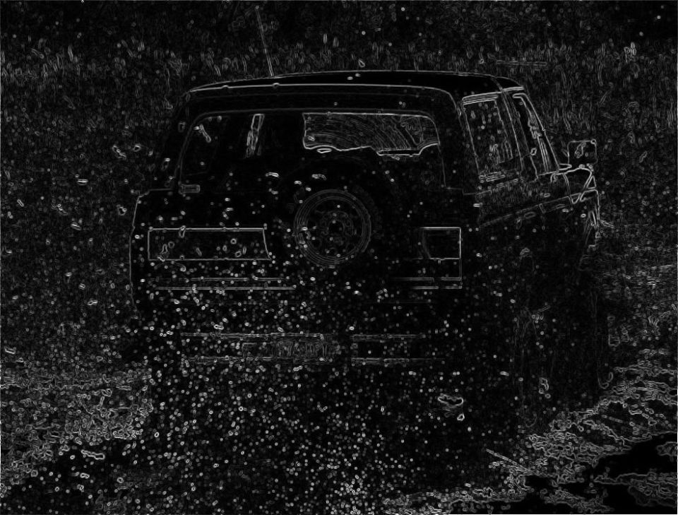 Rear view of a 1991 Ford Bronco driving through water, with a spare tire on the back