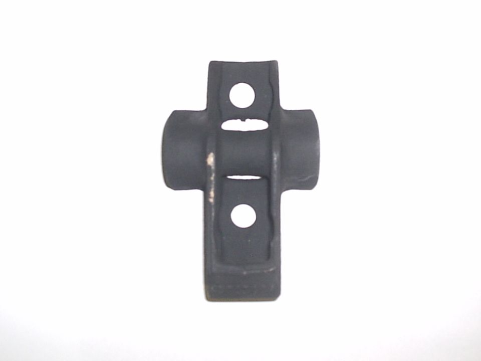 Black cross-shaped metal bracket with two holes and slots on white background