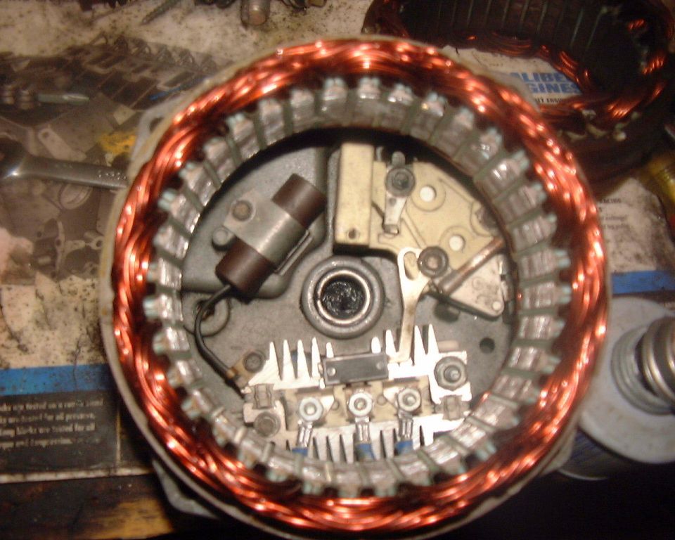 Alternator rotor with copper windings and internal components, viewed from the front