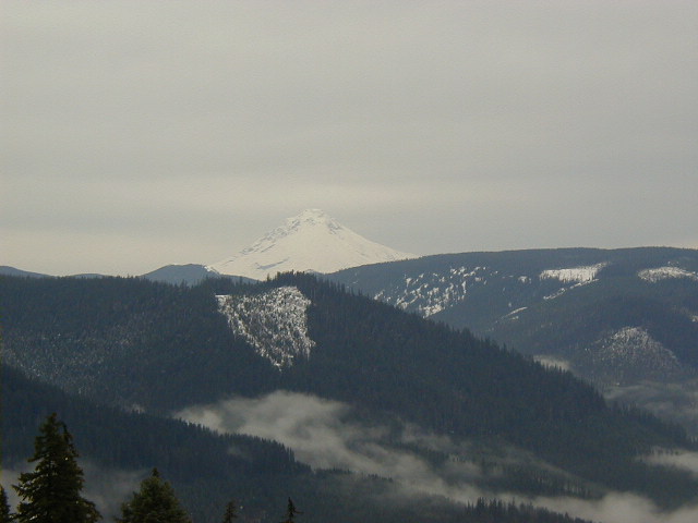 Snow-capped mountain peak above forested ridges and low valley clouds