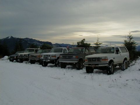 1994 Ford Explorer - Several Ford Broncos and trucks are lined up in a snowy landscape under a cloudy sky.