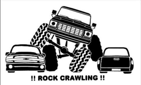 1978 Ford Bronco - Illustration of a monster truck dominating two smaller vehicles, with "ROCK CRAWLING" text and a website address.