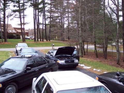 2001 Ford Crown Victoria - Several vehicles are parked on a driveway in a wooded area, with one car's hood open.