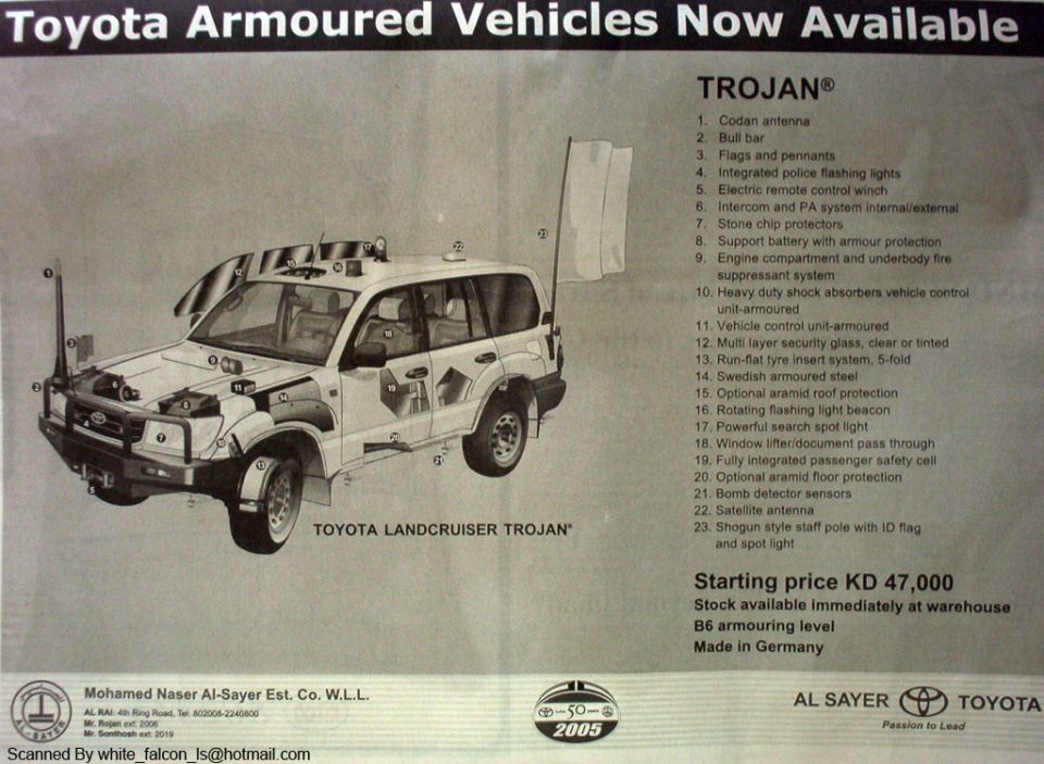 Sales advertisement for Toyota Land Cruiser Trojan armoured vehicle with numbered feature list and price