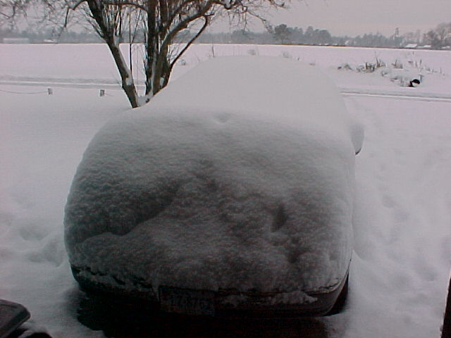 Vehicle covered in deep snow with only rear license plate visible, snowy field behind