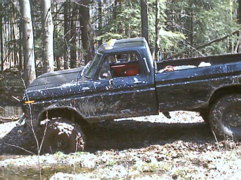1978 Ford F-250 - A dark-colored Ford pickup truck is stuck in a muddy wooded area, with its tires deep in the mire.