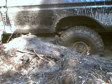 1978 Ford F-250 - This 1978 Ford F-250 is deeply mired in mud, showing its side profile and a stuck rear wheel.