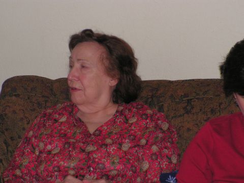 1978 Ford Bronco - A woman wearing a red floral shirt is seated on a patterned couch.