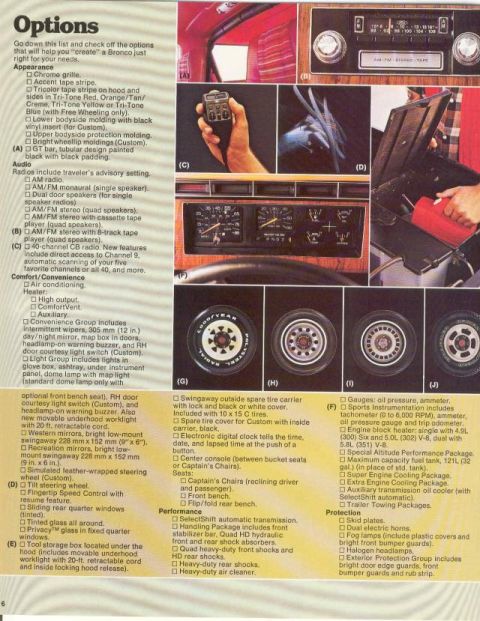 1985 Ford Bronco - A very handy list of probably all the options you could get on the 1980 bronco. Notice the option for the factory 8-track player.