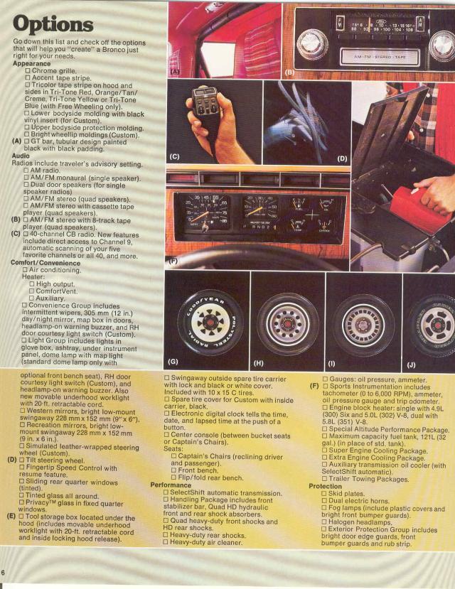 Ford Bronco brochure Options page with photos of radios, CB mic, gauges and wheel choices