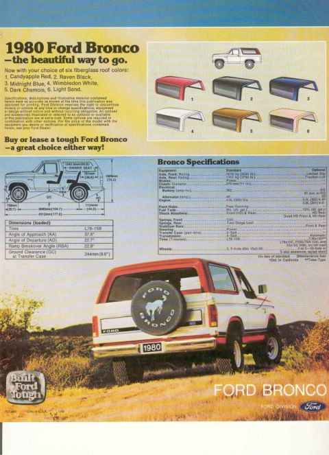 1985 Ford Bronco - A specs list along with the hardtop colors.
