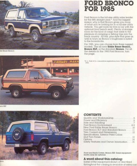 1985 Ford Bronco - This document page displays three images of Ford Broncos and accompanying text about the vehicle.
