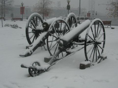 1988 Ford Bronco - Cannons sit covered in snow on a winter day.