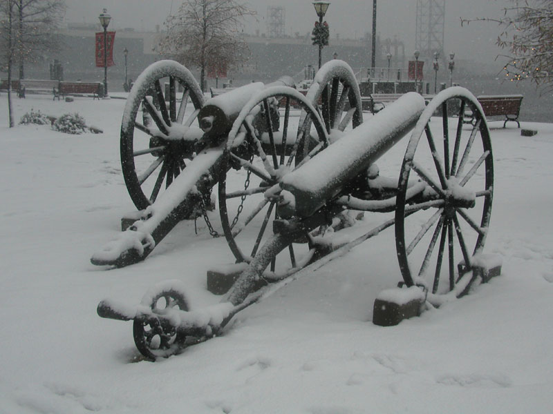 Two cannons covered in snow
