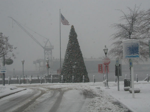Snowy street with a large Christmas tree, American flag, and a crane in the background