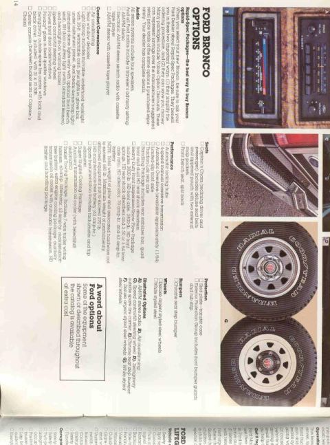 1985 Ford Bronco - Interior details and wheel options for the Ford Bronco are shown, with text detailing available equipment.