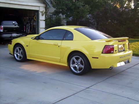 2002 Ford Mustang - A yellow 2002 Ford Mustang coupe is parked in a driveway next to an open garage. The vehicle is viewed from the rear three-quarter angle.