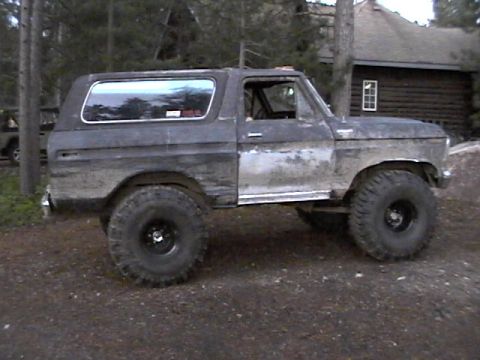 1995 Ford Bronco - This Ford Bronco has been modified with large off-road tires and appears to be parked in a wooded area.