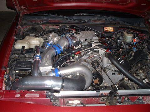 1992 Ford Crown Victoria - Customized engine bay a twin-turbo setup with prominent Paxton branding on the supercharger.