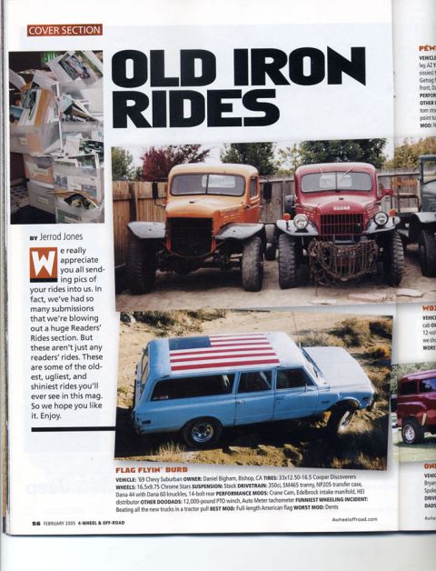 1981 Ford Bronco - A light blue station wagon with an American flag painted on its roof is shown in this photo, alongside two older trucks.