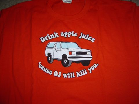 1986 Ford Bronco - T-shirt graphic a cartoon Bronco and text related to OJ Simpson.