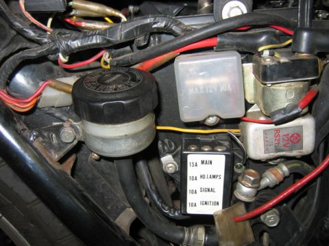 1985 Ford LTD Crown Victoria - Close-up view of a motorcycle's electrical system, showing the fuse box, relays, and wiring harness.
