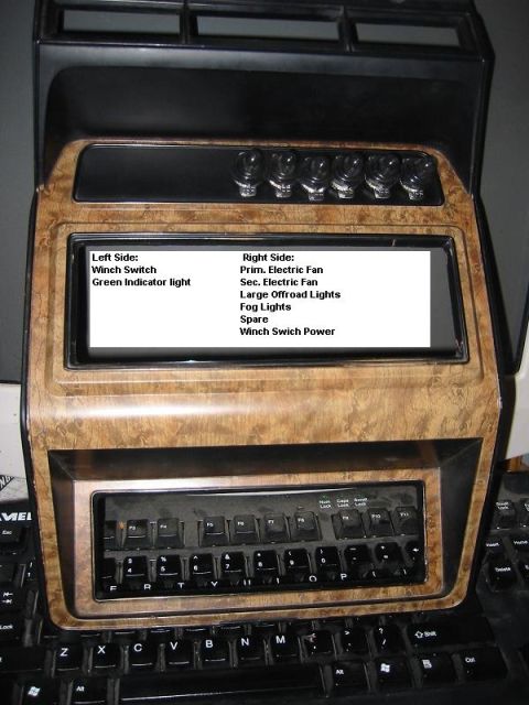 1985 Ford Bronco - Dashboard panel shows labels for winch switch, indicator light, electric fans, and offroad lights.
