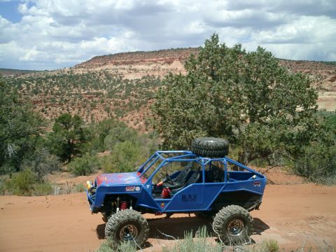 1979 Ford Bronco - A custom blue off-road buggy navigates a desert landscape, its build and off-road capabilities.