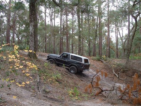 1995 Ford Bronco - A black and silver SUV navigates a steep dirt incline in a wooded area, with "SUPERMOTORS.NET" visible at the bottom right.