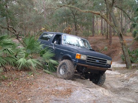 1995 Ford Bronco - Ford Bronco tackling rough terrain on a dirt path surrounded by trees and vegetation.