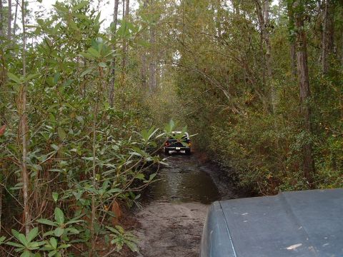 1995 Ford Bronco - Two SUVs drive through a muddy, wooded area on a trail with standing water.