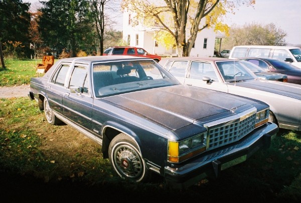 Dark blue Ford Crown Victoria sedan parked on grass, front 3/4 view