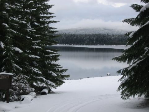 1995 Ford Bronco - A winter landscape with snow-covered pine trees and a tranquil lake under a cloudy sky.