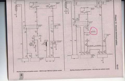1991 Ford Bronco - This diagram details the starting, charging, and ignition systems for four-cylinder and 4.0L inline six-cylinder models.